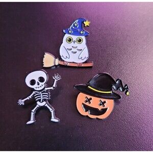 cute Halloween characters enamel pin set - witch‎ owl, skeleton, pumpkin